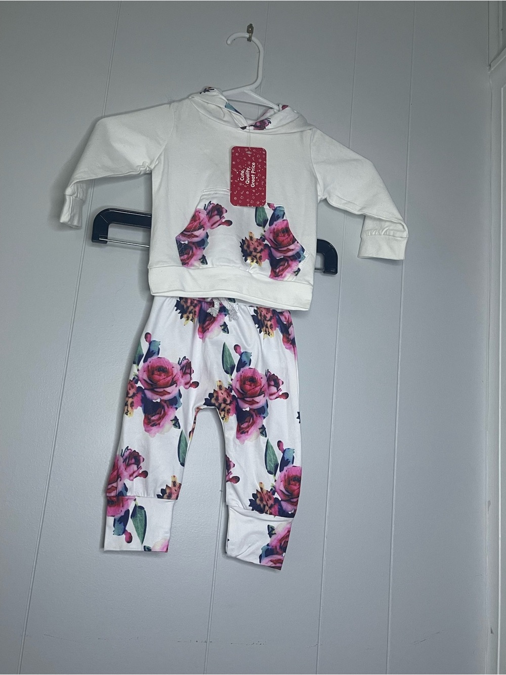 PatPat White Hoodie and White Floral Pants Pajama Set - Pink Floral Accents